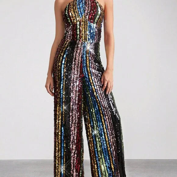 Rainbow Multicolor Sequin Party Halter Neck Women's Jumpsuit - Picture 2 of 7